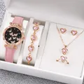 Fashionable pink leather strap women watch and heart jewelry set with rose gold accents - One Size / Multi-Butterfly Jewelry Series (6-Piece Set) / Pink