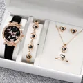 Elegant 6-piece rose gold watch and heart jewelry set with black leather strap - One Size / Multi-Butterfly Jewelry Series (6-Piece Set) / Black