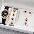 Elegant 6-piece rose gold watch and heart jewelry set with black leather strap - One Size / Multi-Butterfly Jewelry Series (6-Piece Set) / Black