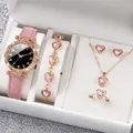 Pink leather strap ladies watch set with heart jewelry and starry dial - One Size / Starry Sky Jewelry Series (6-Piece Set) / Pink