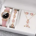 Pink leather strap ladies watch set with heart jewelry and starry dial - One Size / Starry Sky Jewelry Series (6-Piece Set) / Pink