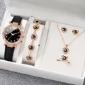 Elegant rose gold women watch set with heart jewelry and black starry sky dial - One Size / Starry Sky Jewelry Series (6-Piece Set) / Black