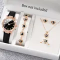 Elegant rose gold women watch set with heart jewelry and black starry sky dial - One Size / Starry Sky Jewelry Series (6-Piece Set) / Black