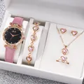 Elegant pink heart-shaped crystal jewelry set with a matching watch and accessories - One Size / 369 Starry Sky Jewelry Series (6-Piece Set - Geneva) / Pink
