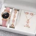 Elegant pink heart-shaped crystal jewelry set with a matching watch and accessories - One Size / 369 Starry Sky Jewelry Series (6-Piece Set - Geneva) / Pink