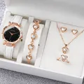 Elegant 6-piece women's jewelry set with white leather strap watch and heart charms. - One Size / 369 Starry Sky Jewelry Series (6-Piece Set - Geneva) / White