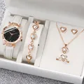 Elegant 6-piece women's jewelry set with white leather strap watch and heart charms. - One Size / 369 Starry Sky Jewelry Series (6-Piece Set - Geneva) / White