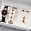 Women's 6-piece watch and heart jewelry set with black leather strap and crystals - One Size / 369 Starry Sky Jewelry Series (6-Piece Set - Geneva) / Black