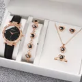 Women's 6-piece watch and heart jewelry set with black leather strap and crystals - One Size / 369 Starry Sky Jewelry Series (6-Piece Set - Geneva) / Black