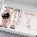 Elegant 6-piece pink heart jewelry set with rhinestone watch and leather strap. - One Size / Black Face 9 Hearts Jewelry Series (6-Piece Set - Inschic) / Pink