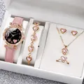 Elegant 6-piece pink heart jewelry set with rhinestone watch and leather strap. - One Size / Black Face 9 Hearts Jewelry Series (6-Piece Set - Inschic) / Pink