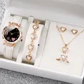 Elegant women's watch set with white leather strap and rose gold heart jewelry pieces - One Size / Black Face 9 Hearts Jewelry Series (6-Piece Set - Inschic) / White