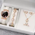 Elegant women's watch set with white leather strap and rose gold heart jewelry pieces - One Size / Black Face 9 Hearts Jewelry Series (6-Piece Set - Inschic) / White