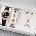 Elegant 6-piece women's jewelry set featuring a heart-themed watch and black leather strap - One Size / Black Face 9 Hearts Jewelry Series (6-Piece Set - Inschic) / Black