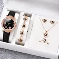 Elegant 6-piece women's jewelry set featuring a heart-themed watch and black leather strap - One Size / Black Face 9 Hearts Jewelry Series (6-Piece Set - Inschic) / Black