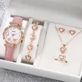 Pink 6-piece women's watch and jewelry set with heart-shaped crystal designs - One Size / White Face 9 Hearts Jewelry Series (6-Piece Set - Inschic) / Pink