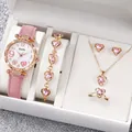 Pink 6-piece women's watch and jewelry set with heart-shaped crystal designs - One Size / White Face 9 Hearts Jewelry Series (6-Piece Set - Inschic) / Pink