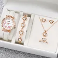 Luxury 6-piece women's watch and heart jewelry set featuring white leather strap and crystals - One Size / White Face 9 Hearts Jewelry Series (6-Piece Set - Inschic) / White