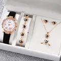 Elegant 6-piece women's jewelry set featuring a heart-themed watch, necklace, and ring - One Size / White Face 9 Hearts Jewelry Series (6-Piece Set - Inschic) / Black