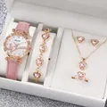 Elegant 6-piece pink heart jewelry set with rhinestone leather strap watch for women - One Size / Musical Note Jewelry Series (6-Piece Set - Inschic) / Pink