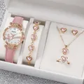 Elegant 6-piece pink heart jewelry set with rhinestone leather strap watch for women - One Size / Musical Note Jewelry Series (6-Piece Set - Inschic) / Pink