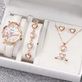 Elegant 5-piece women's watch set featuring heart-shaped crystal jewelry in rose gold finish - One Size / Musical Note Jewelry Series (6-Piece Set - Inschic) / White