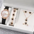 Elegant 6-piece women's black leather watch and heart jewelry set with sparkling rhinestones - One Size / Musical Note Jewelry Series (6-Piece Set - Inschic) / Black