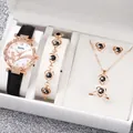 Elegant 6-piece women's black leather watch and heart jewelry set with sparkling rhinestones - One Size / Musical Note Jewelry Series (6-Piece Set - Inschic) / Black