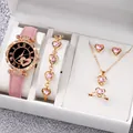 Elegant 6-piece women's pink watch and heart-shaped jewelry set with crystal accents - One Size / Arrow Heart Jewelry Series (6-Piece Set) / Pink