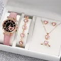 Elegant 6-piece women's pink watch and heart-shaped jewelry set with crystal accents - One Size / Arrow Heart Jewelry Series (6-Piece Set) / Pink