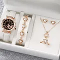 Elegant women's white leather strap watch and heart-shaped crystal jewelry set in gift box - One Size / Arrow Heart Jewelry Series (6-Piece Set) / White
