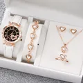 Elegant women's white leather strap watch and heart-shaped crystal jewelry set in gift box - One Size / Arrow Heart Jewelry Series (6-Piece Set) / White