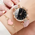 Elegant women's rose gold starry sky watch and pink heart bracelet set with leather strap - One Size / Starry Heart Bracelet Set (2-Piece) / Pink