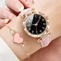 Elegant women's rose gold starry sky watch and pink heart bracelet set with leather strap - One Size / Starry Heart Bracelet Set (2-Piece) / Pink