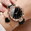 Fashionable lady's starry sky watch with diamond bezel and heart bracelet - One Size / Starry Heart Bracelet Set (2-Piece) / Black