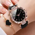 Fashionable lady's starry sky watch with diamond bezel and heart bracelet - One Size / Starry Heart Bracelet Set (2-Piece) / Black