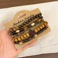 Retro ethnic style wood and coconut shell beaded bracelet set with a wooden cross - Cross / Five-Piece Set / Brown-Coffee