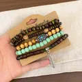 Handheld set of 5 vintage ethnic wood and turquoise beaded bracelets with leaf charm - Feather / Five-Piece Set / Brown-Coffee-Cyan