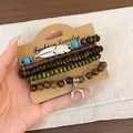 Vintage ethnic style beaded wood and coconut shell bracelet set on display card - Feather / Five-Piece Set / Silver-Brown-Green