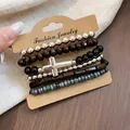 Retro ethnic 6-piece beaded bracelet set with wood beads and coconut shell - Cross / 6-Piece Set / Brown and Silver