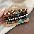 Vintage 6-piece bohemian bracelet set with wooden beads and turtle charm - Sea Turtle / Five-Piece Set / Brown and Silver