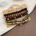 Retro ethnic style 6-piece wooden bead and coconut shell bracelet set with leaf pendant - Leaf / Five-Piece Set / Black-Coffee-Green