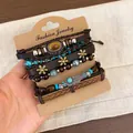 6-piece set of retro ethnic wooden bead and leather cord bracelets with turquoise accents - Oval / 6-Piece Set / Brown and Silver