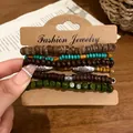Set of 6 vintage irregular wood and coconut shell bead bracelets for women - Oval / 6-Piece Set / Brown-Green-Coffee