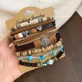 Macro detail of a bohemian multi-layer bracelet set featuring wooden beads and metal charms. - Brown (7-Piece Set)