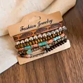 Ensemble de 6 bracelets ethniques vintage avec perles en bois et noix de coco - 6 pièces / Brun-Argent-Plume