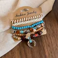 Lot de 6 bracelets bohèmes faits main avec perles en bois et breloques turquoise - 6 pièces / Argent-Bleu-Paume