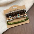 Ethnic style 6-piece handmade wood bead bracelet set with vintage silver feather charm - Feather / 6-Piece Set / Coffee-Green-Silver