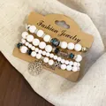 Bohemian white beaded bracelet set with Tree of Life charm on display card - Tree of Life / Four-Piece Set / Silver-White