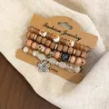 Vintage ethnic style 6-piece beaded bracelet set with butterfly charm and wood beads - Butterfly / Four-Piece Set / Silver-White-Light Coffee